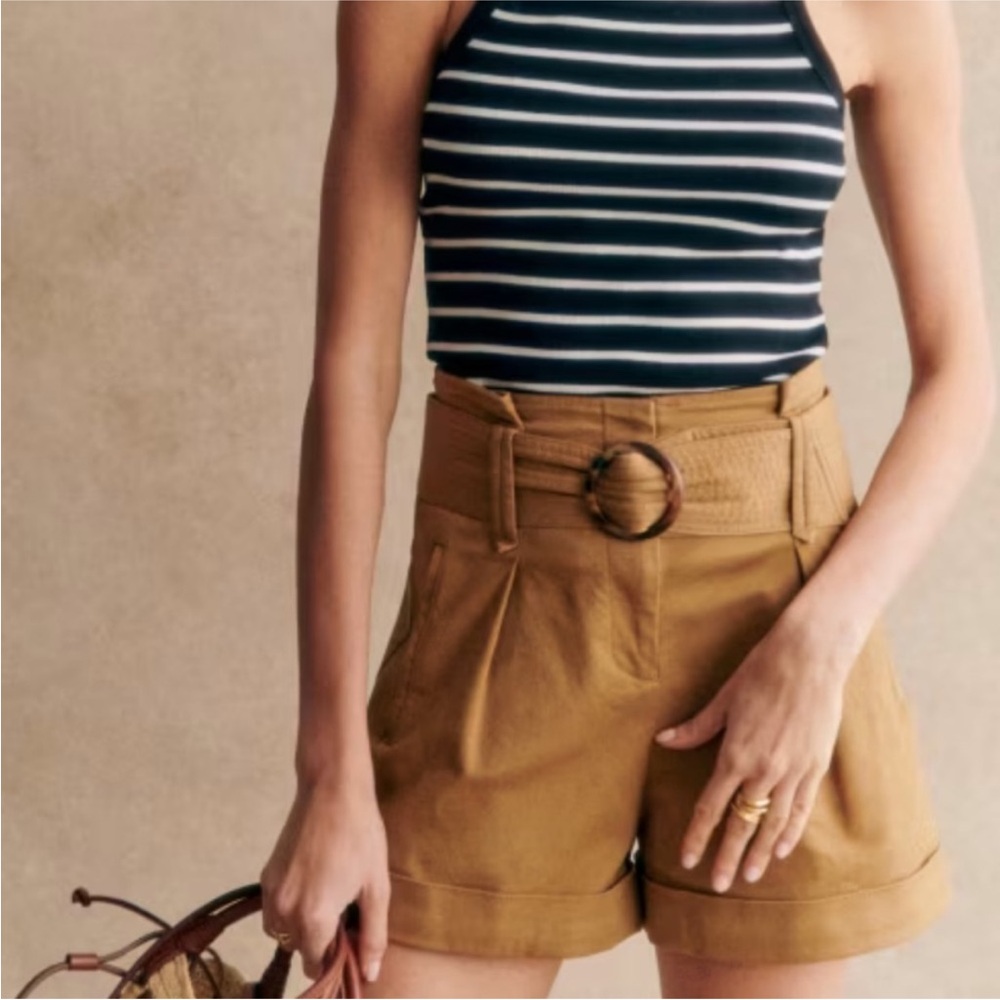 Sezane High-Waist Belted Shorts in Tan